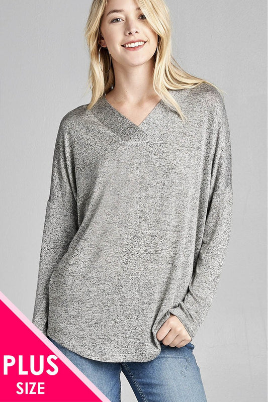 Ladies fashion plus size long sleeve v-neck two tone hacci tunic top
