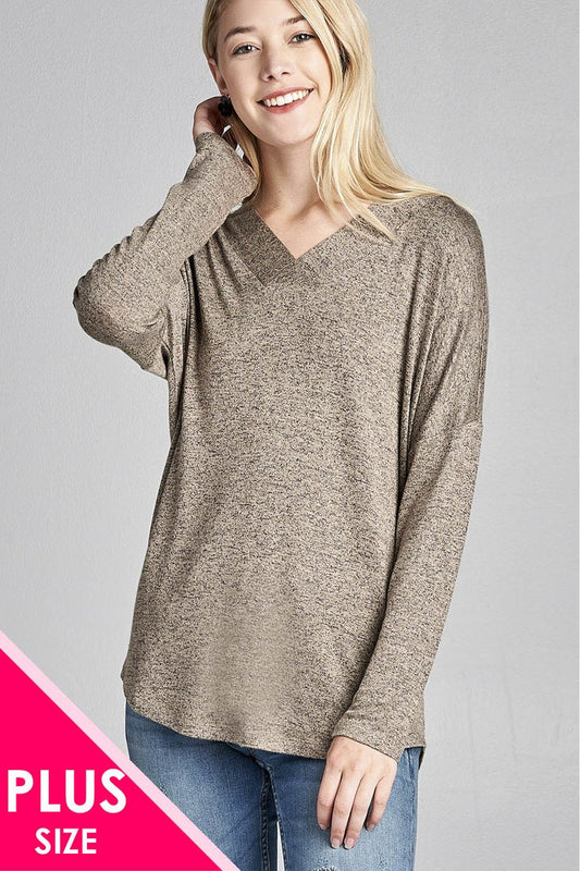 Ladies fashion plus size long sleeve v-neck two tone hacci tunic top