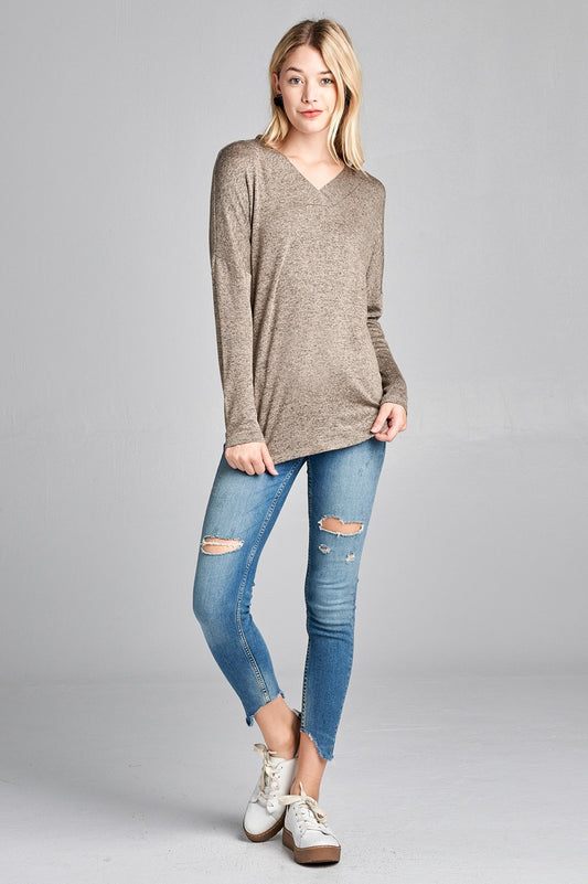 Ladies fashion plus size long sleeve v-neck two tone hacci tunic top