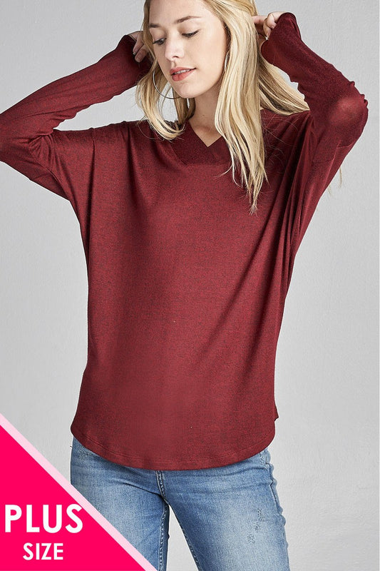 Ladies fashion plus size long sleeve v-neck two tone hacci tunic top