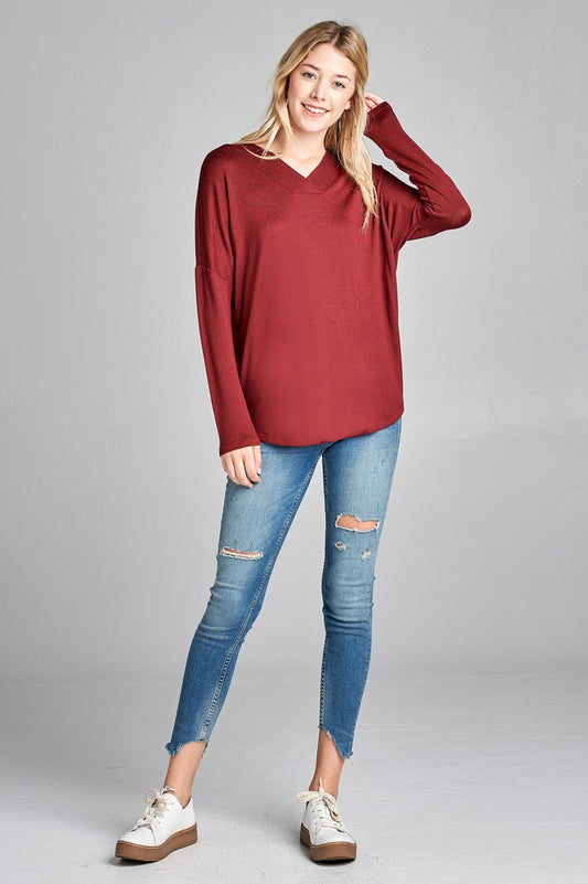 Ladies fashion plus size long sleeve v-neck two tone hacci tunic top