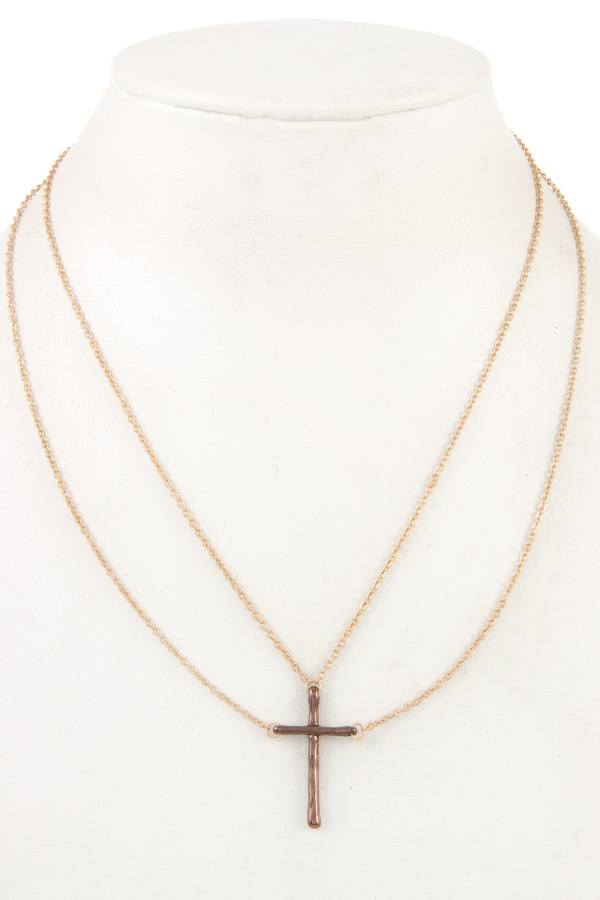Double chain cross pendant necklace