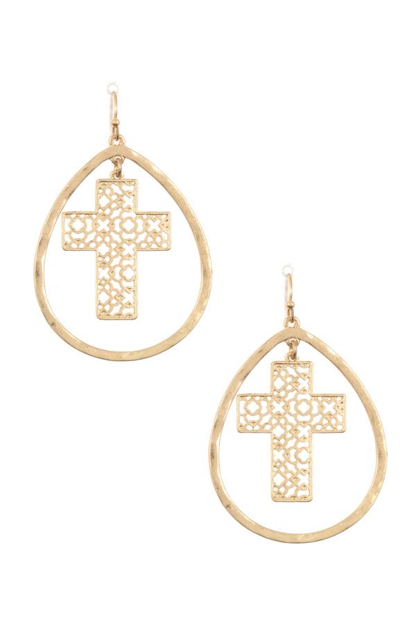 Hammered teardrop cross link dangle earring