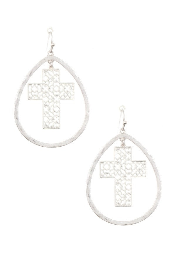 Hammered teardrop cross link dangle earring