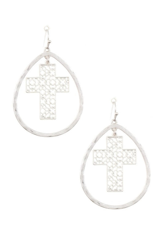 Hammered teardrop cross link dangle earring