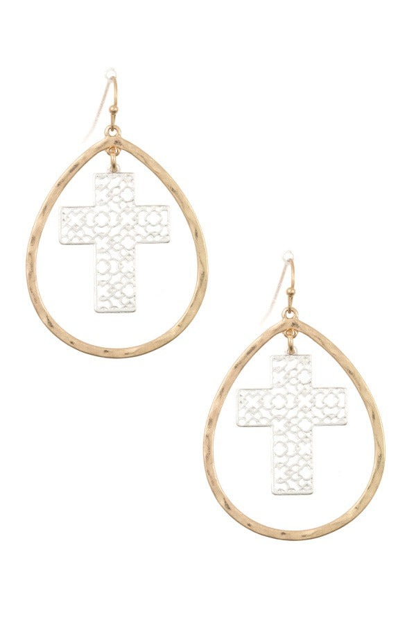 Hammered teardrop cross link dangle earring