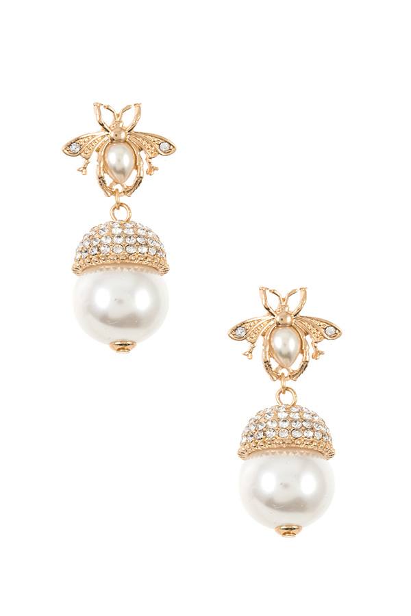 Rhinestone bee pearl accent earring