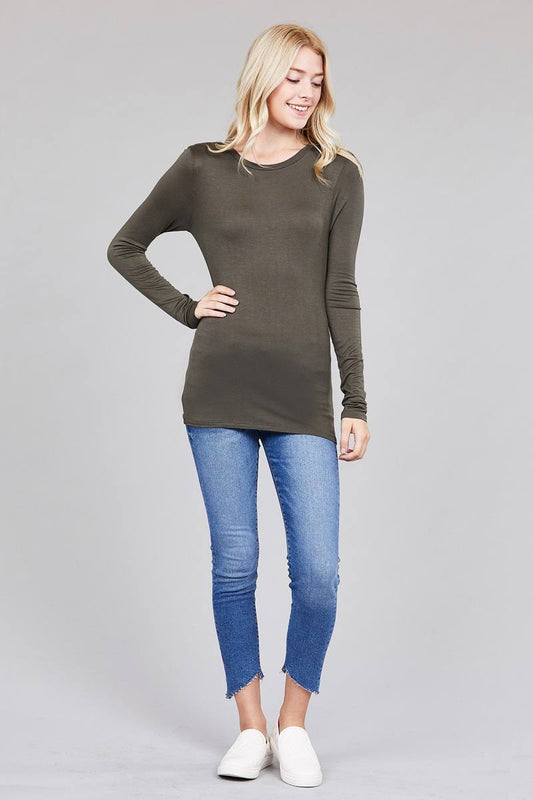 Ladies fashion long sleeve crew neck top rayon spandex jersey top