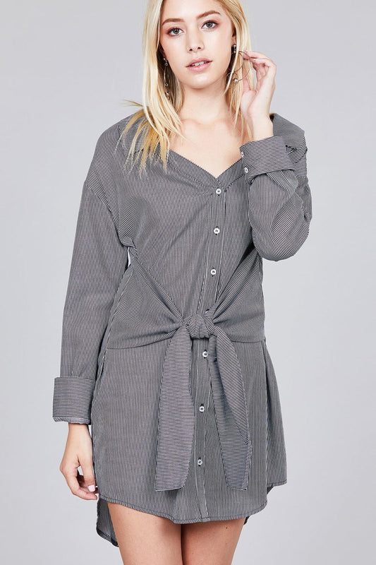 Ladies fashion long sleeve w/wide cuff waist self tie stripe shirt dress