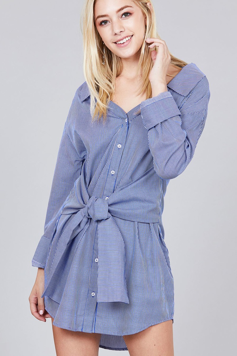 Ladies fashion long sleeve w/wide cuff waist self tie stripe shirt dress