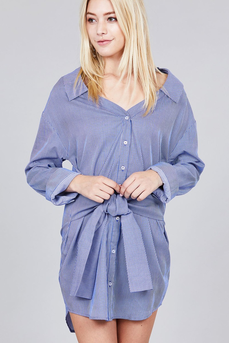 Ladies fashion long sleeve w/wide cuff waist self tie stripe shirt dress