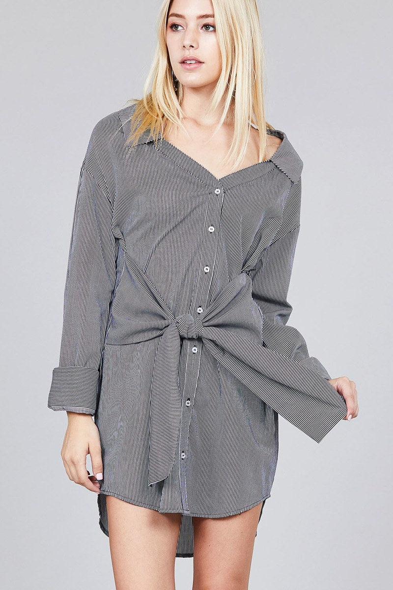 Ladies fashion long sleeve w/wide cuff waist self tie stripe shirt dress