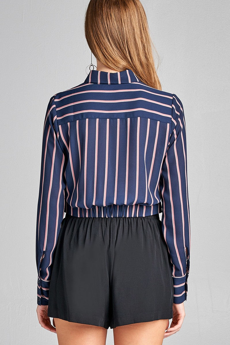 Ladies fashion long sleeve front button w/twisted detail stripe print woven shirt