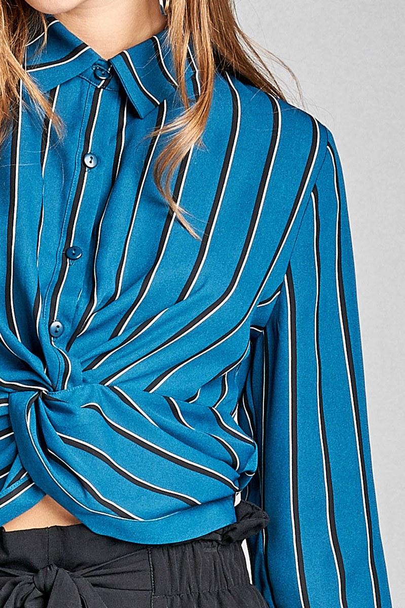 Ladies fashion long sleeve front button w/twisted detail stripe print woven shirt