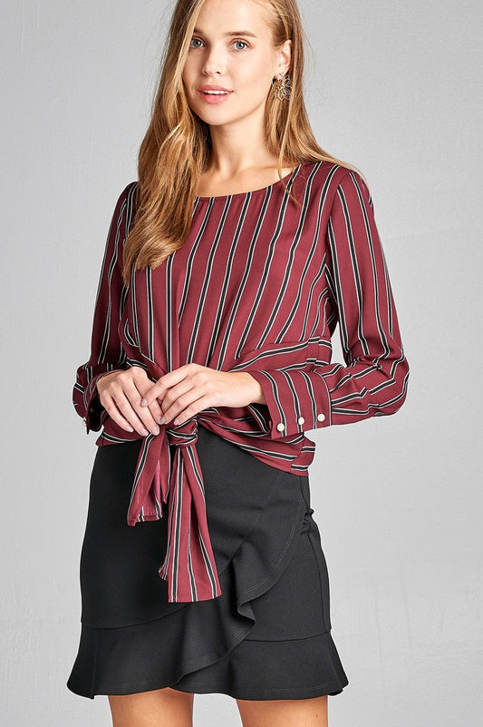 Ladies fashion long sleeve round neck front self tie multi stripe print woven top