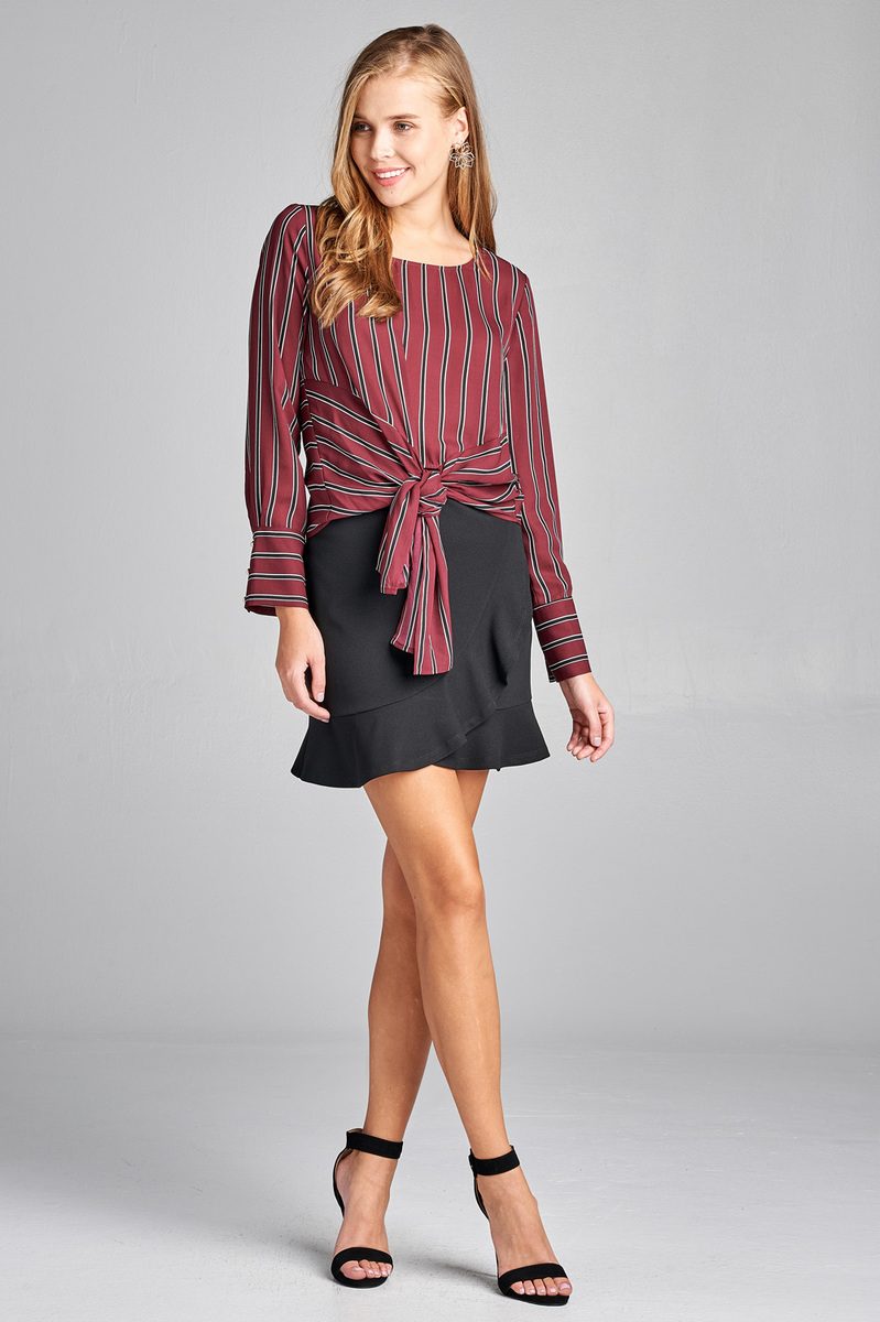 Ladies fashion long sleeve round neck front self tie multi stripe print woven top