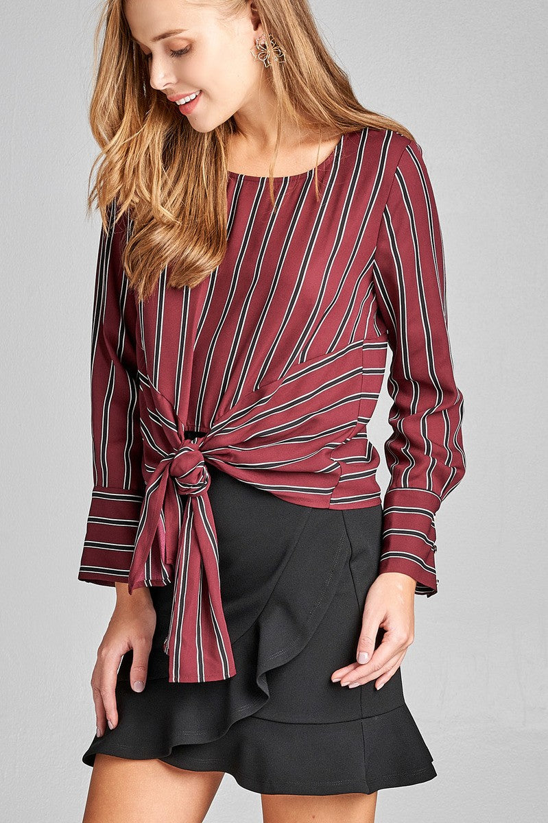 Ladies fashion long sleeve round neck front self tie multi stripe print woven top