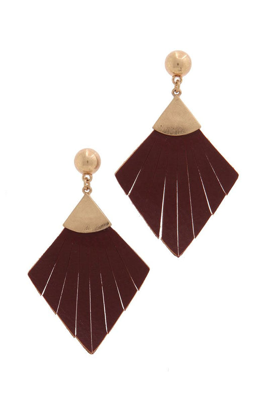 Leather rhombus shape fray post drop earring