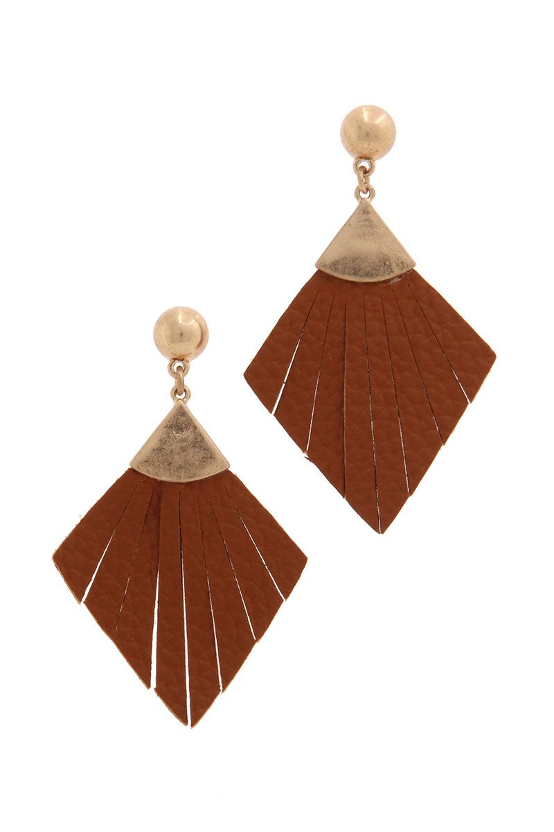 Leather rhombus shape fray post drop earring
