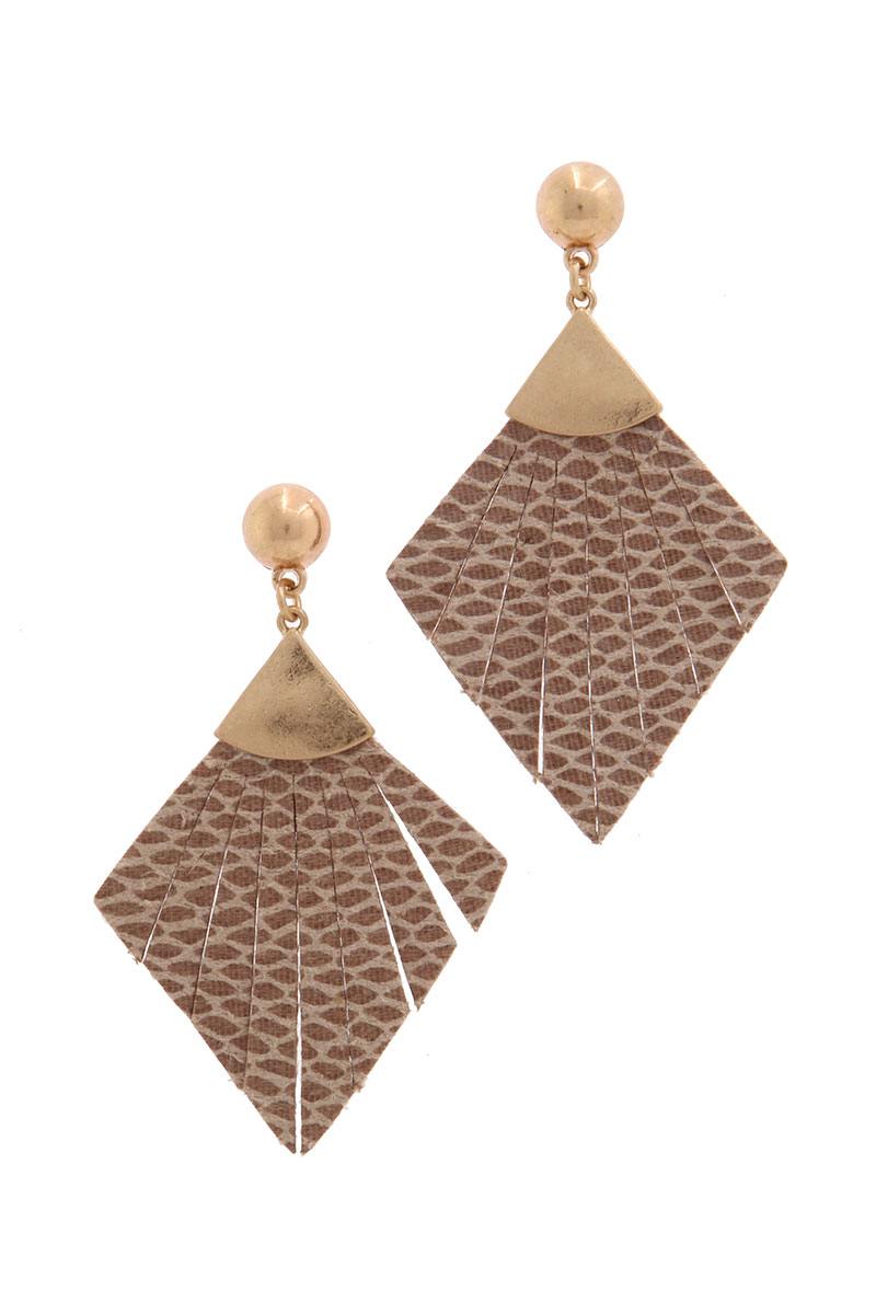 Leather rhombus shape fray post drop earring