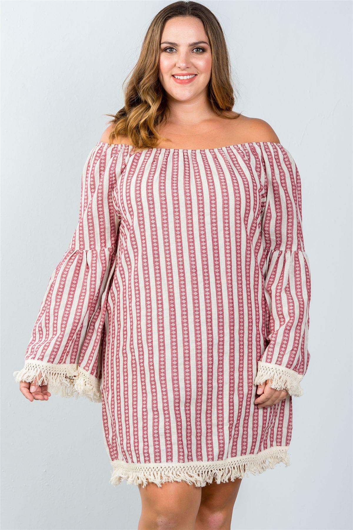 Ladies fashion plus size red geo print off the shoulder mini dress