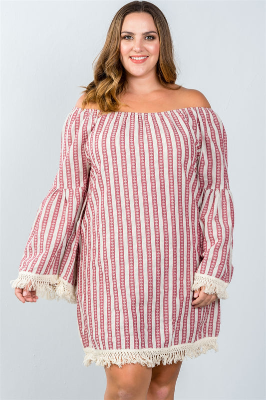 Ladies fashion plus size red geo print off the shoulder mini dress