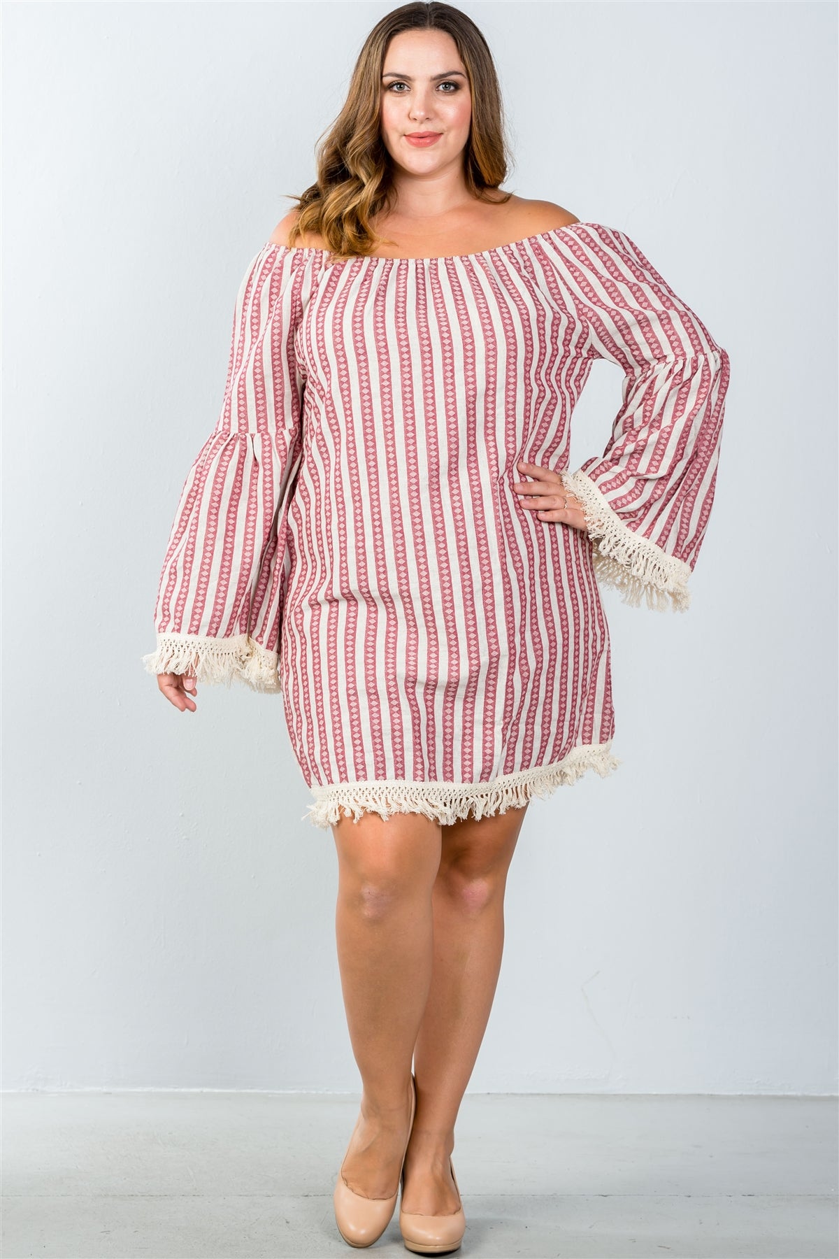 Ladies fashion plus size red geo print off the shoulder mini dress