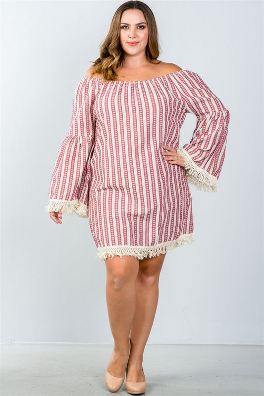 Ladies fashion plus size red geo print off the shoulder mini dress