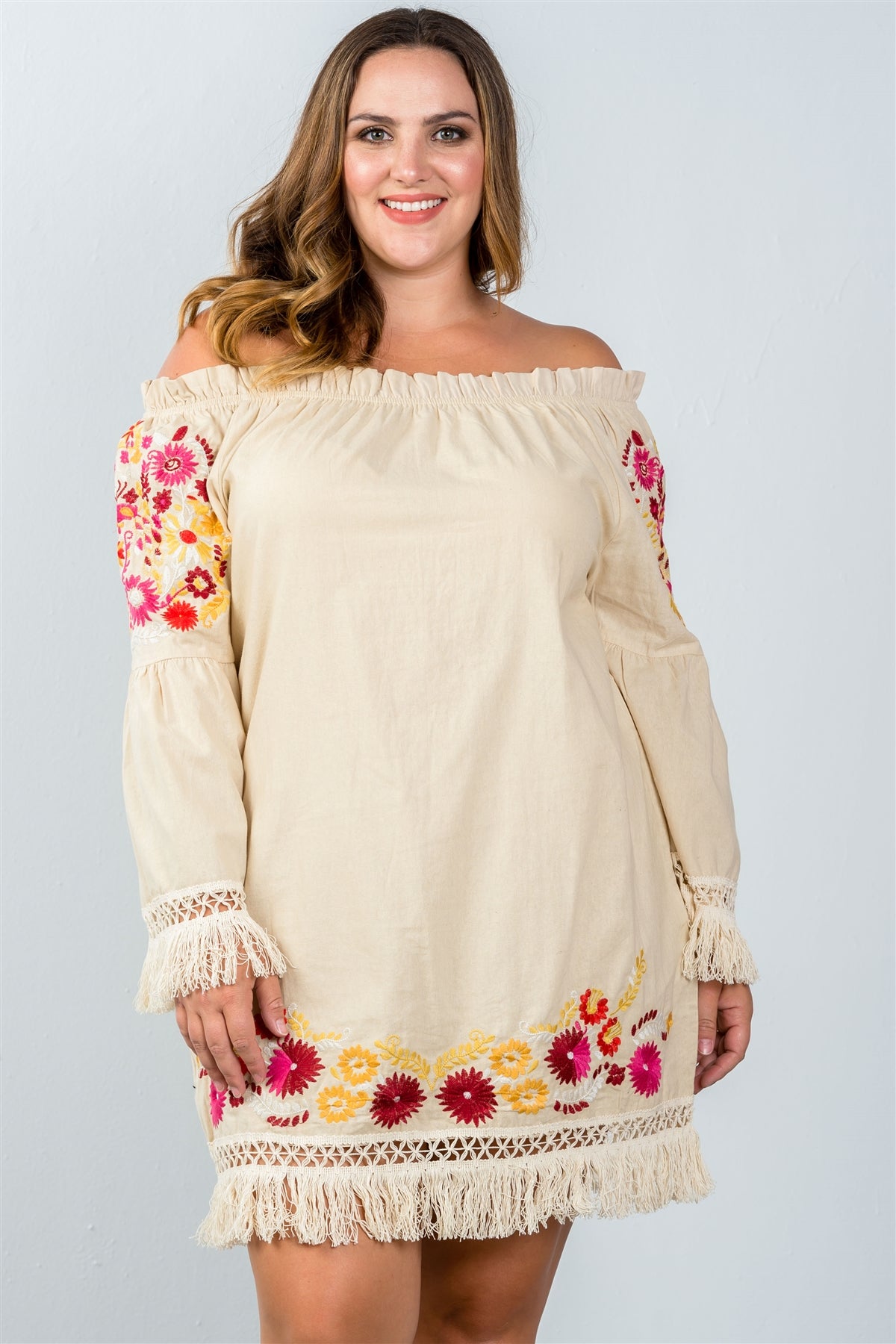 Ladies fashion plus size frayed embroidered floral dress