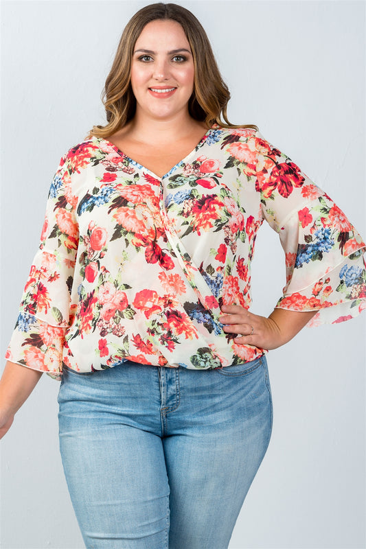 Ladies fashion plus size floral print sheer top