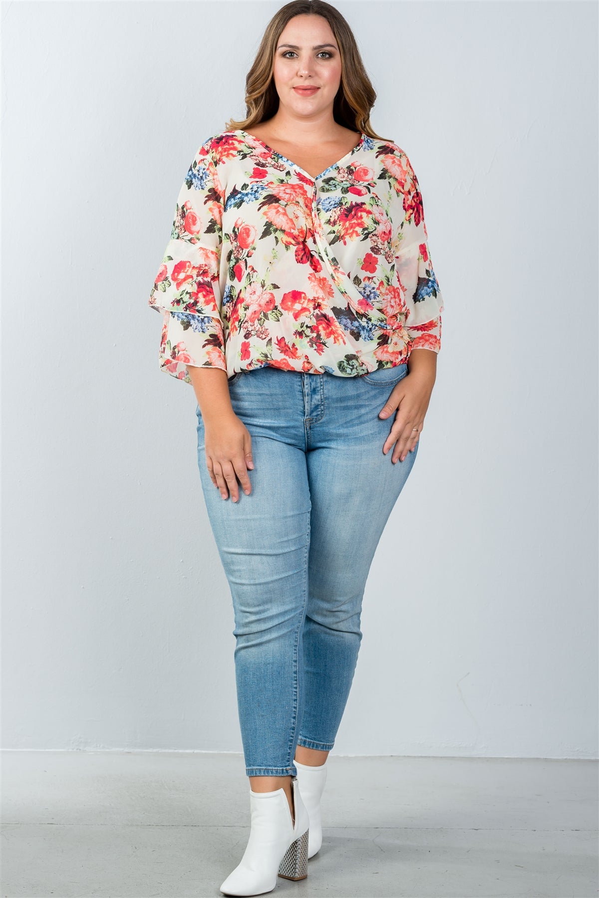 Ladies fashion plus size floral print sheer top