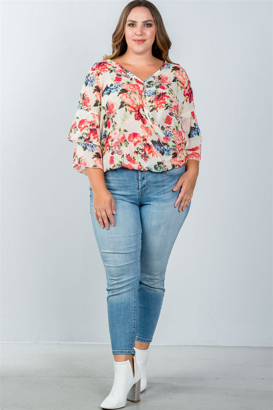 Ladies fashion plus size floral print sheer top