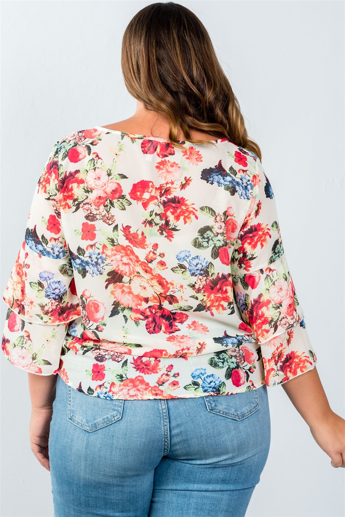 Ladies fashion plus size floral print sheer top