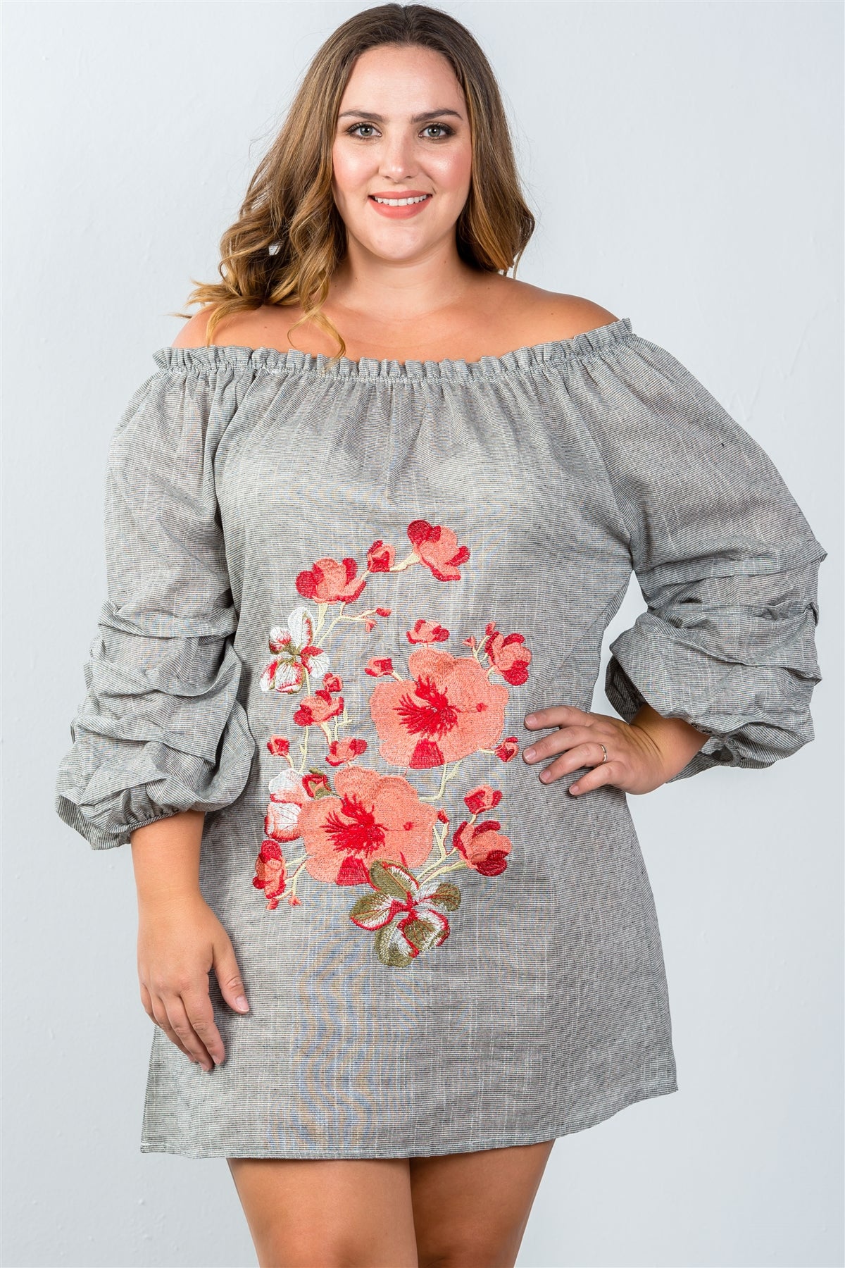 Ladies fashion plus size  puff sleeve off the shoulder dress