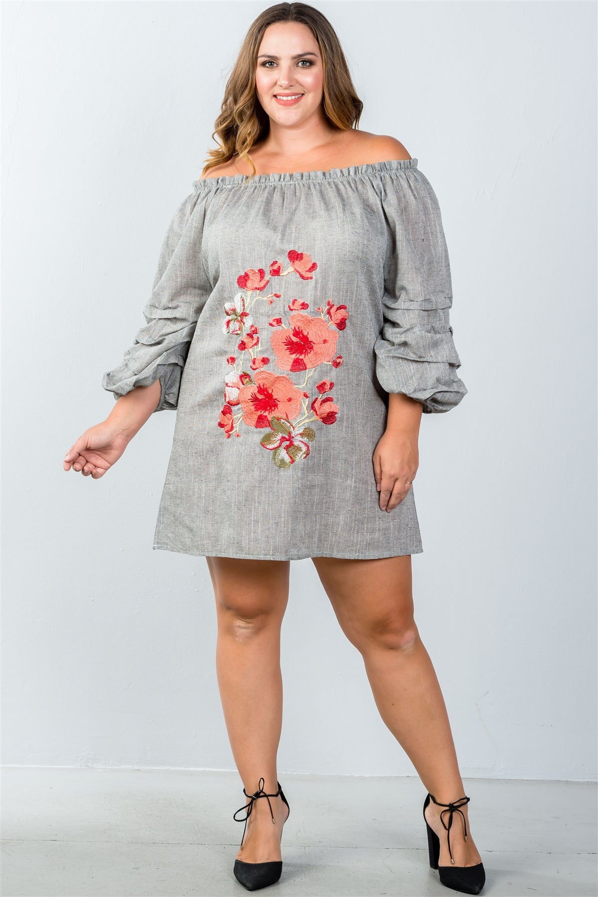 Ladies fashion plus size  puff sleeve off the shoulder dress