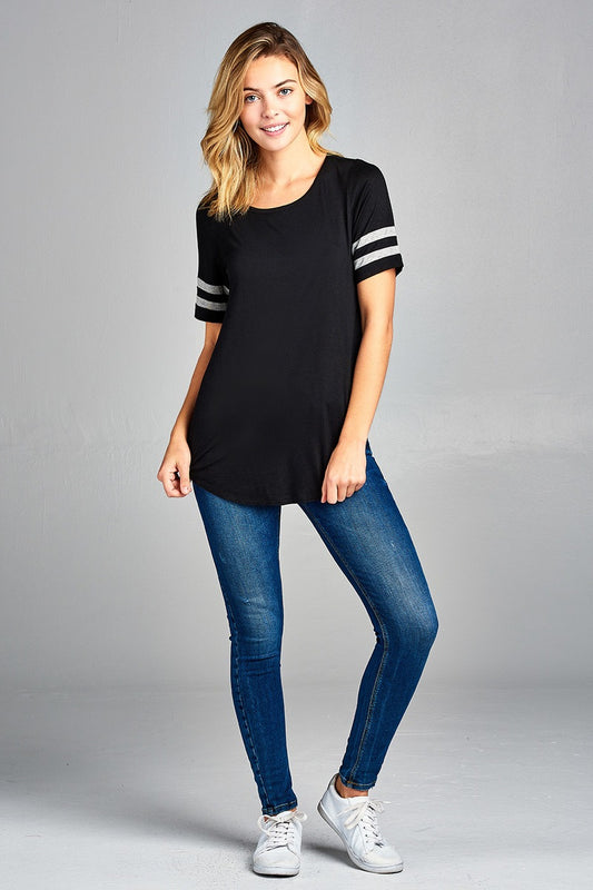Ladies fashion plus size short double stripe sleeve round neck rayon spandex top