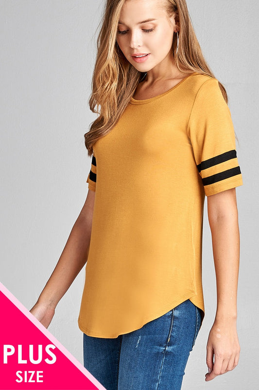 Ladies fashion plus size short double stripe sleeve round neck rayon spandex top