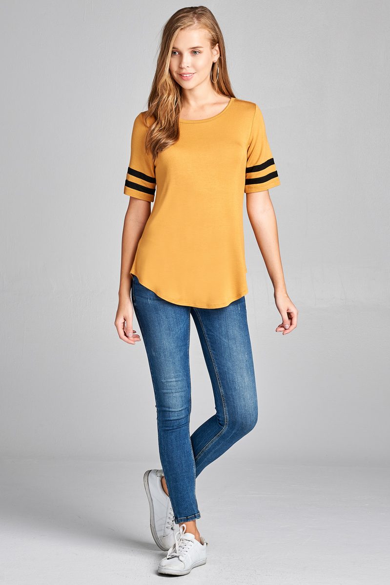 Ladies fashion plus size short double stripe sleeve round neck rayon spandex top