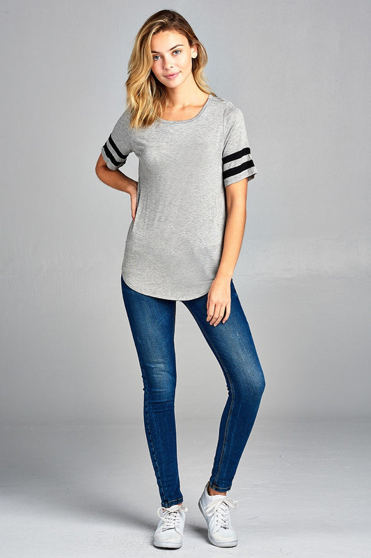Ladies fashion plus size short double stripe sleeve round neck rayon spandex top