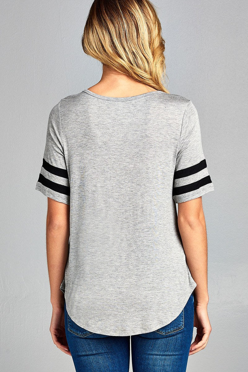 Ladies fashion plus size short double stripe sleeve round neck rayon spandex top