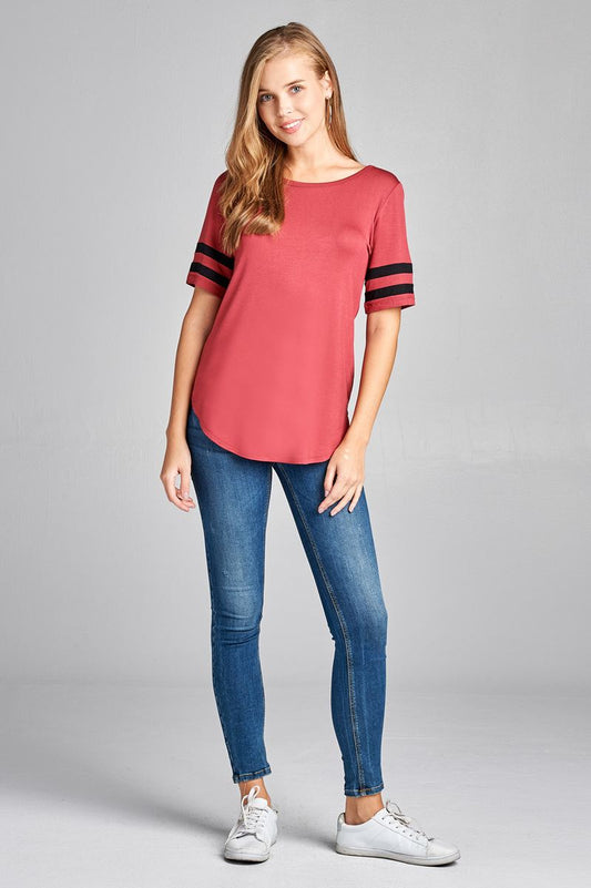 Ladies fashion plus size short double stripe sleeve round neck rayon spandex top