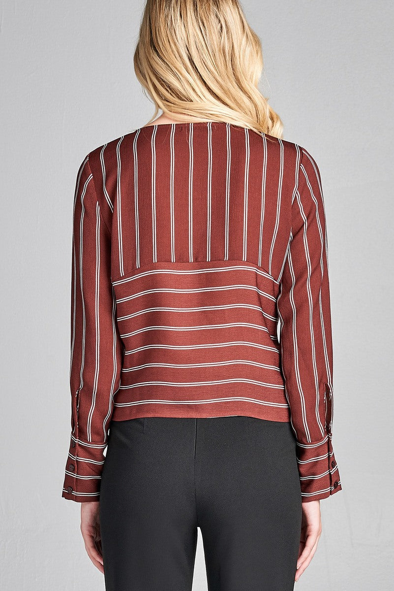 Ladies fashion plus size long sleeve round neck front self tie stripe print woven top