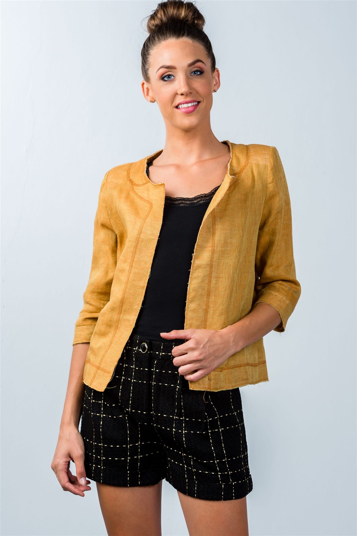 Ladies fashion mustard 3/4 sleeve open-front jacket