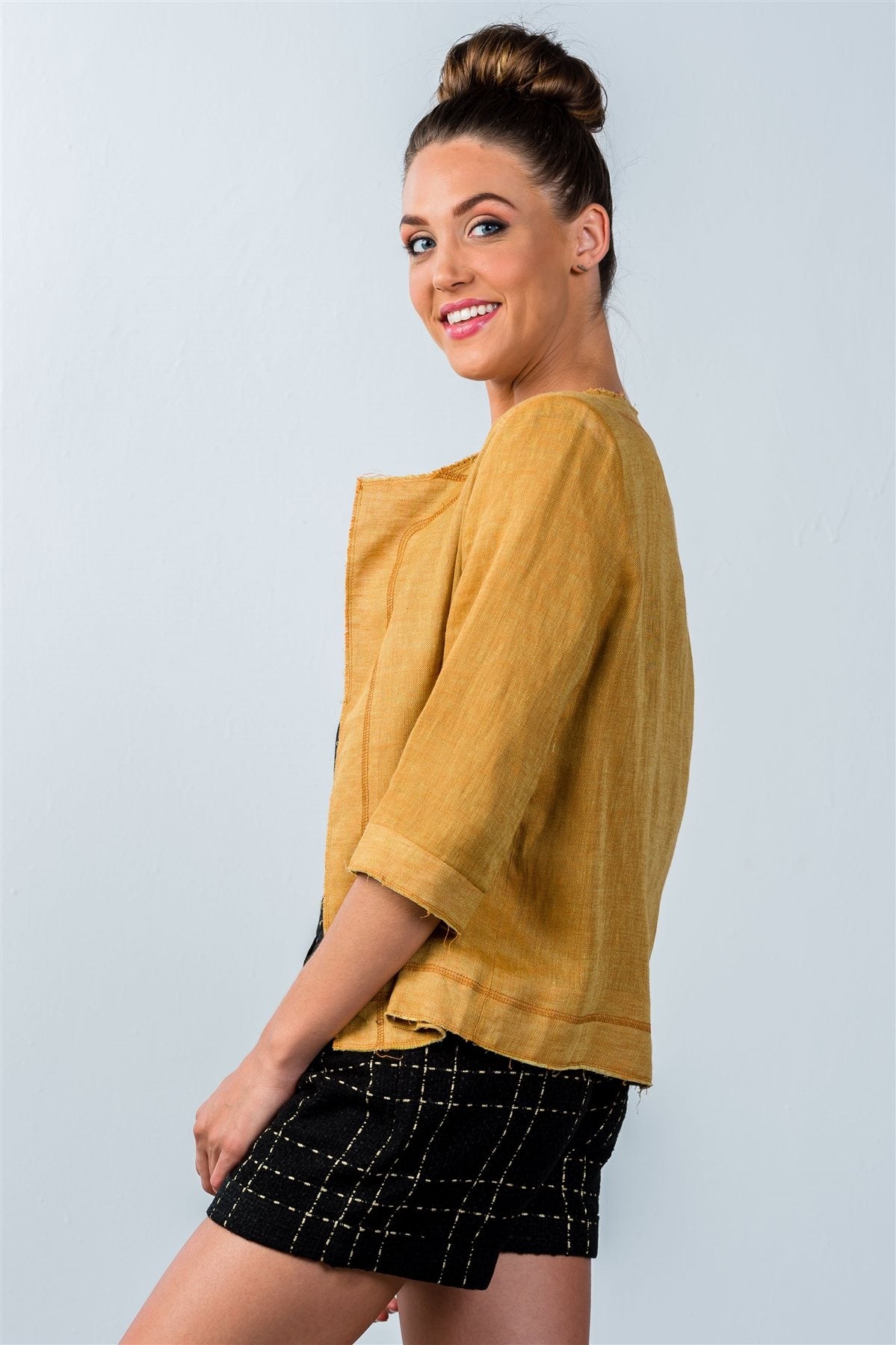 Ladies fashion mustard 3/4 sleeve open-front jacket