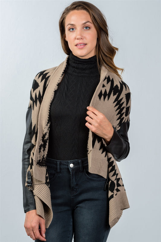 Ladies fashion tribal print vegan leather sleeves cardigan