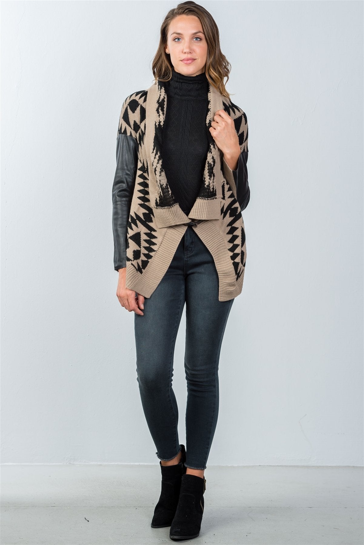 Ladies fashion tribal print vegan leather sleeves cardigan