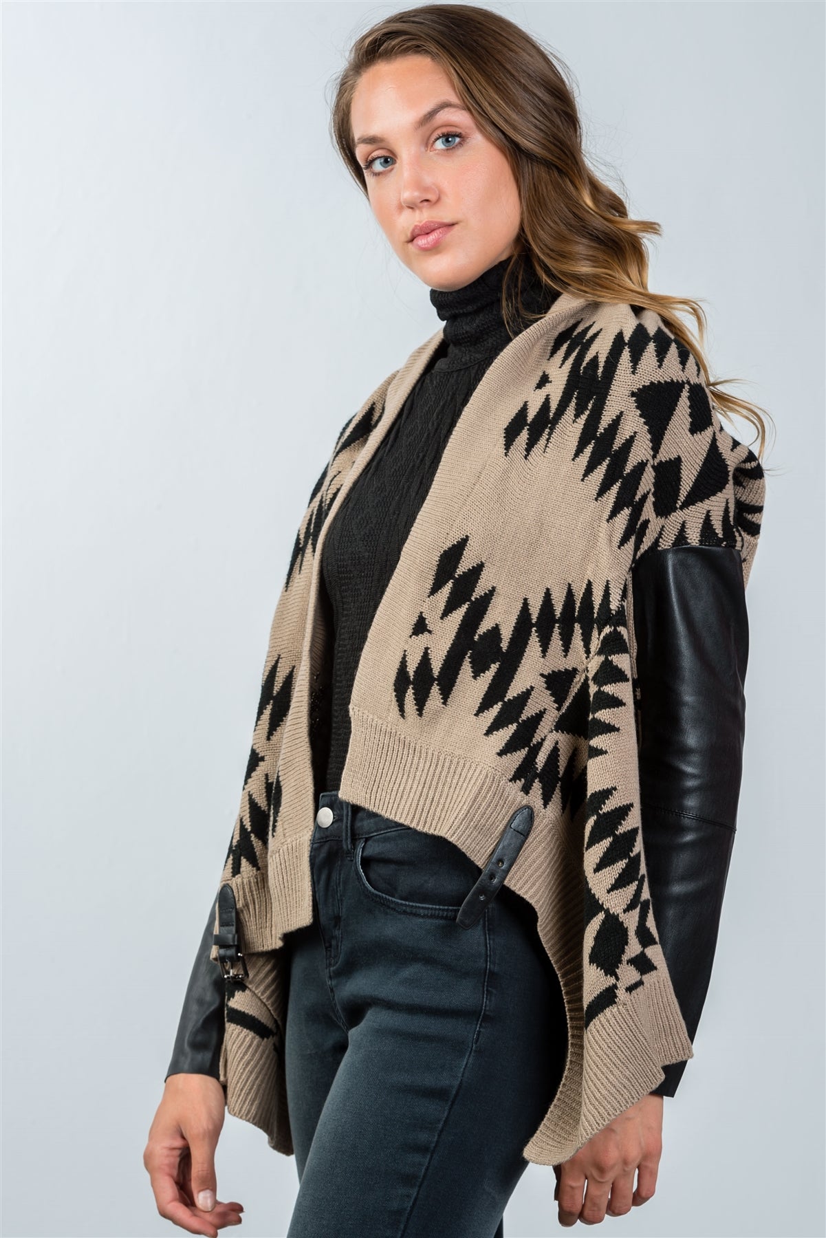 Ladies fashion tribal print vegan leather sleeves cardigan