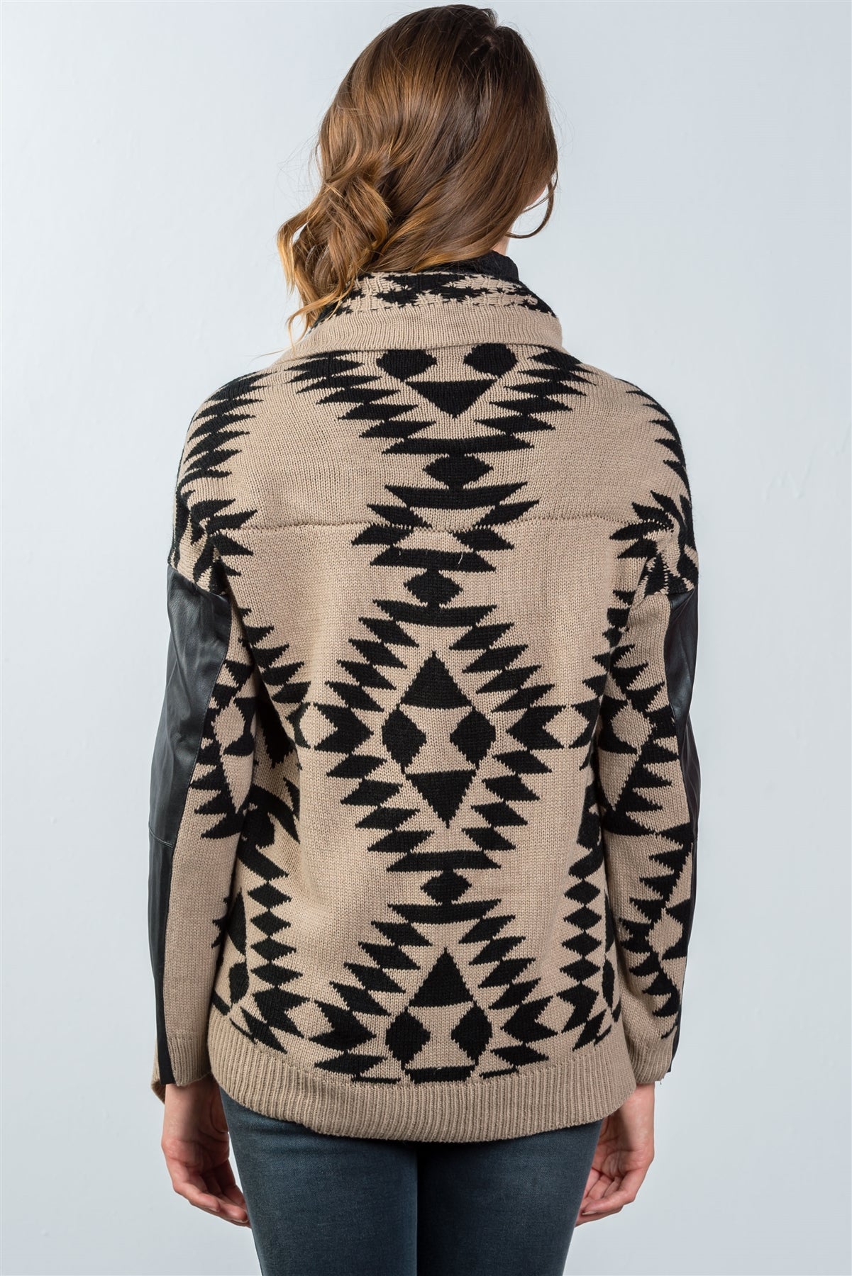 Ladies fashion tribal print vegan leather sleeves cardigan
