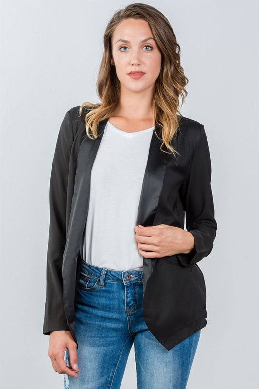 Ladies fashion black long angled open front blazer