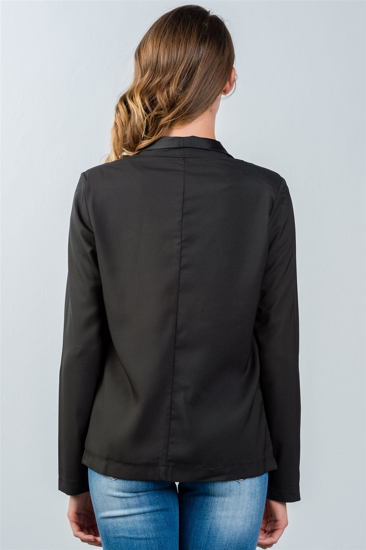 Ladies fashion black long angled open front blazer